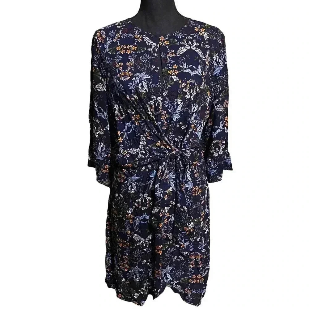 RD Style Floral Tie Front Navy Ruffle Sleeve Dress XS Extra Small